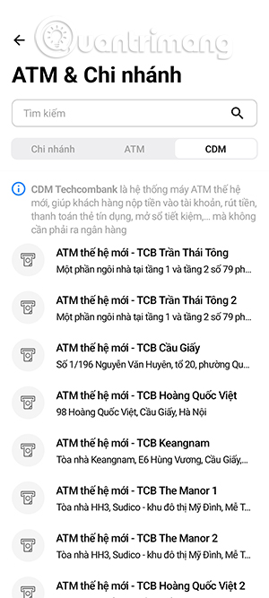 Kết quả tra cứu danh sách ATM gần bạn