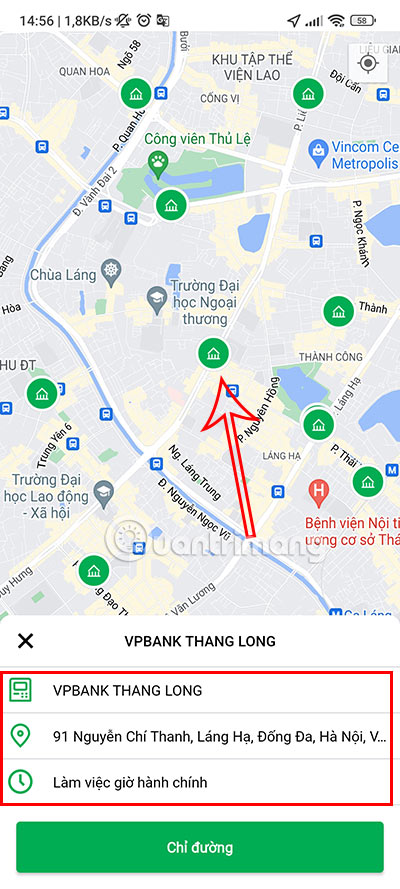 Thông tin về ATM gần bạn được hiển thị trên bản đồ