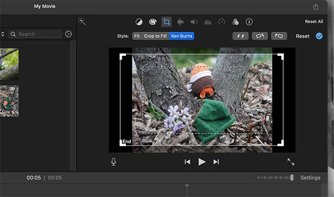 Các tùy chọn hiệu ứng Ken Burns trong iMovie