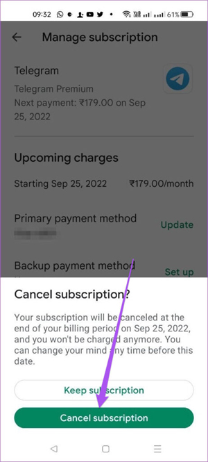 Chọn Cancel Subscription hủy Telegram Premium