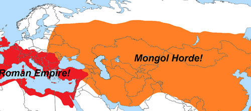 Đế chế Mông Cổ (màu cam) vào thời kỳ đỉnh cao.