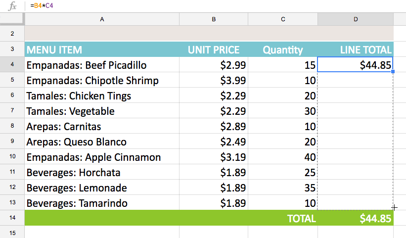 Nhấp và kéo fill handle vào các ô muốn điền
