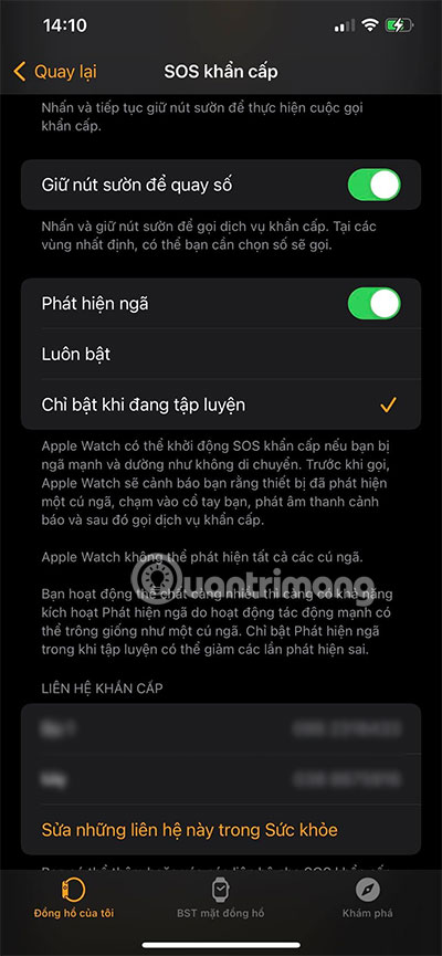 thêm số điện thoại vào cuộc gọi sos apple watch