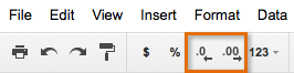 Các nút Decrease decimal places và Increase decimal places