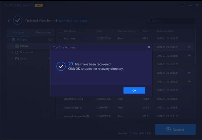 Các file được khôi phục thành công