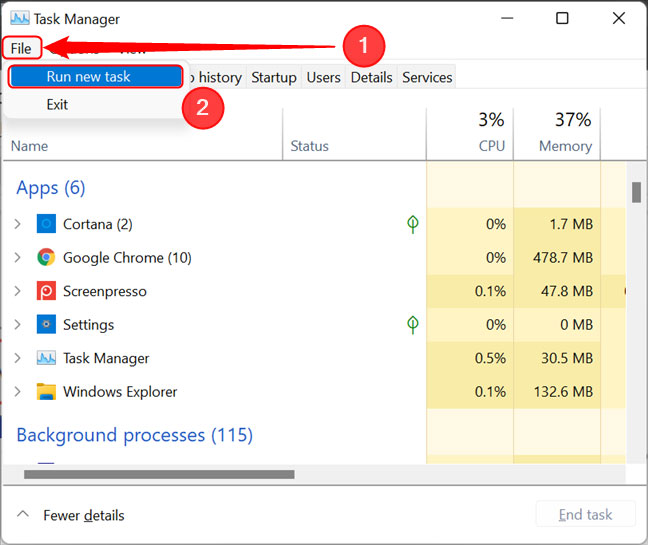 Chạy một nhiệm vụ mới trong Task Manager