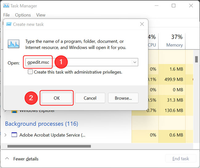 Mở Local Group Policy Editor từ Task Manager