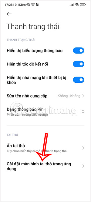 Cài đặt màn hình tai thỏ trong ứng dụng