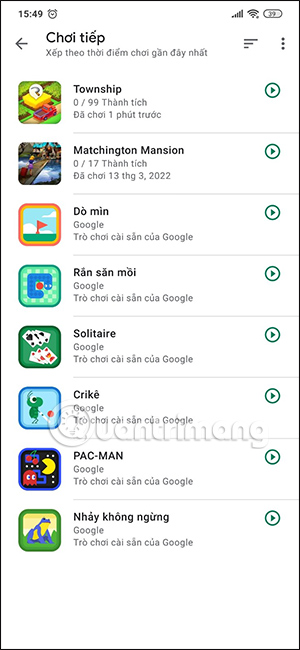 Danh sách trò chơi trong Play Games
