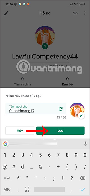 Lưu tên người dùng Play Games mới
