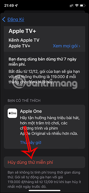 Hủy đăng ký dùng thử Apple TV+