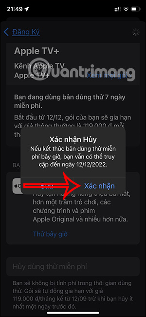Xác nhận hủy đăng ký Apple TV+