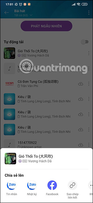 Ứng dụng chia sẻ bài hát trên Zing MP3