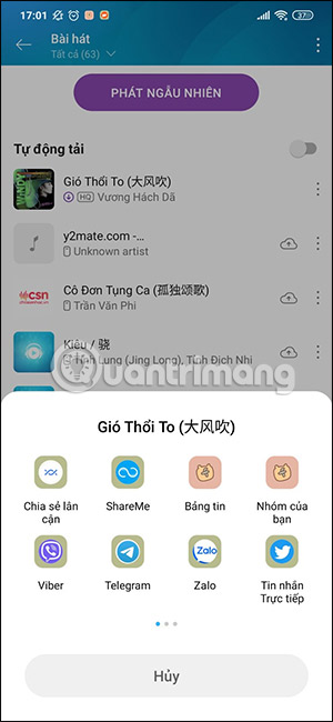 Chọn ứng dụng chia sẻ bài hát Zing MP3