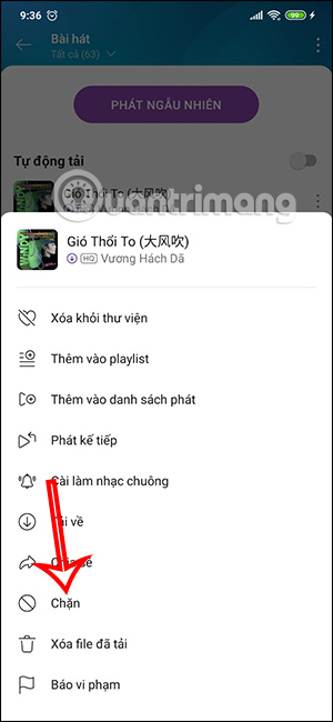 Chọn chặn trong danh sách bài hát Zing MP3