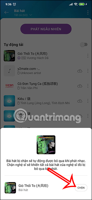 Chọn chặn bài hát trên Zing MP3