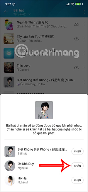 Chọn chặn nghệ sĩ trên Zing MP3