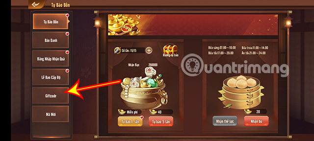 Chọn mục Giftcode.