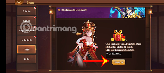 Điền code game rồi nhấn Nhận gói quà.