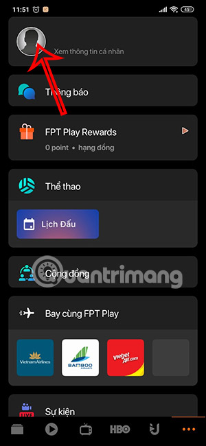 Nhấn chọn tên tài khoản FPT Play