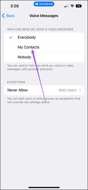 Telegram voice message receiving mode