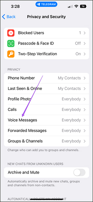 Adjust voice message mode on Telegram