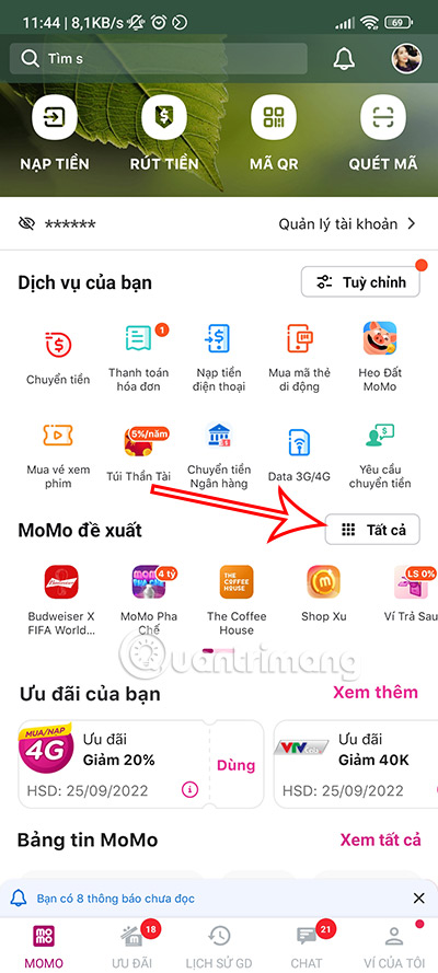 Nhấn vào phần Tất cả ở phần Momo đề xuất.