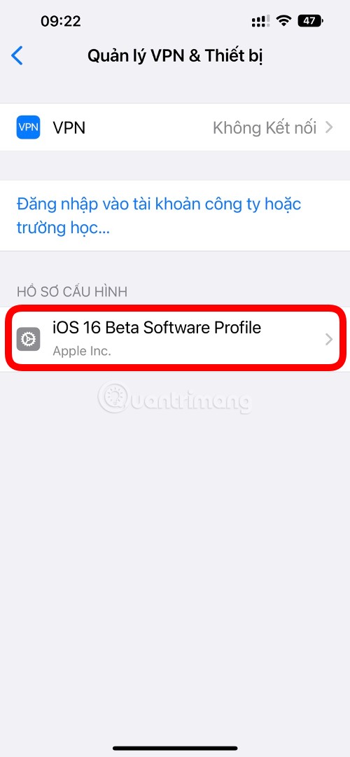 Nhấn vào iOS 16 Beta Software Profile