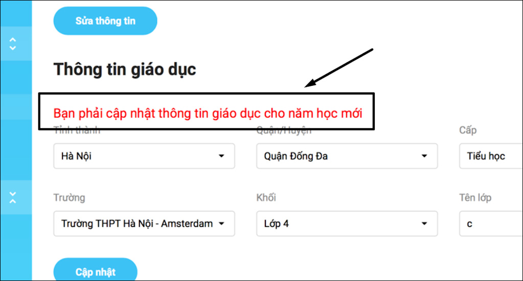 Thông báo cập nhật thông tin hệ thống