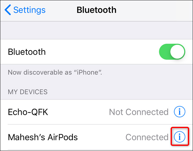 Nhấn vào mục “Bluetooth” và chọn “i”