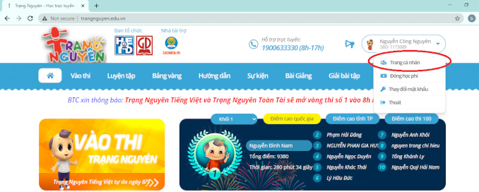 Thông tin tài khoản Trạng Nguyên Tiếng Việt