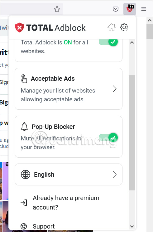 Thiết lập trên Total Adblock