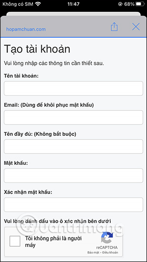 Giao diện điền thông tin tài khoản Hợp âm chuẩn
