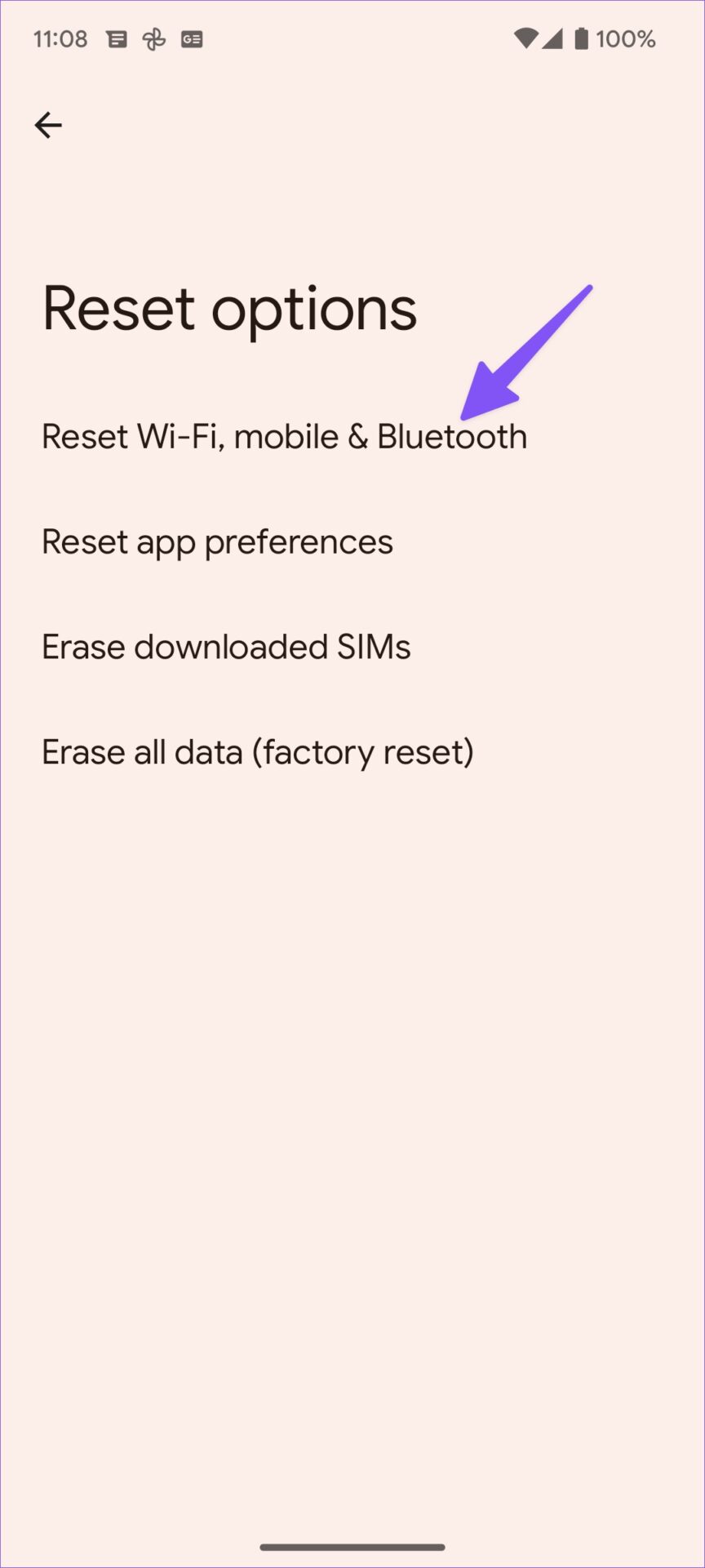 Nhấn vào “Reset Wi-Fi, mobile & Bluetooth”