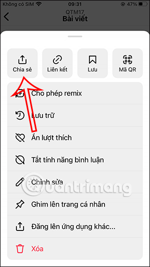 Chọn chia sẻ bài đăng Instagram
