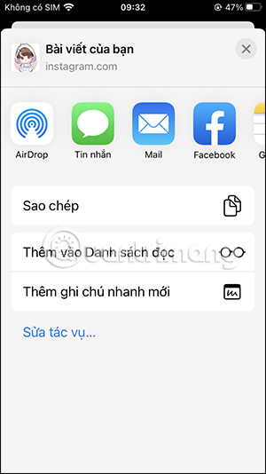 Tùy chọn chia sẻ bài viết Instagram