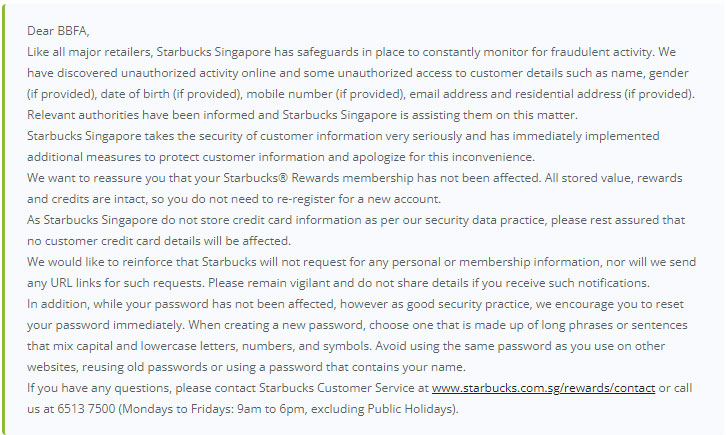 Thư gửi người dùng của Starbucks Singapore