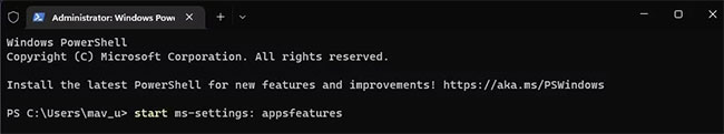 Command start ms-settings: appsfeatures