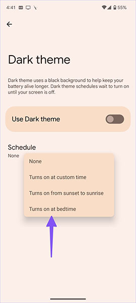 Chọn Turns on at bedtime