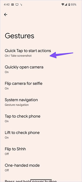 Nhấn vào Quick Tap to start action