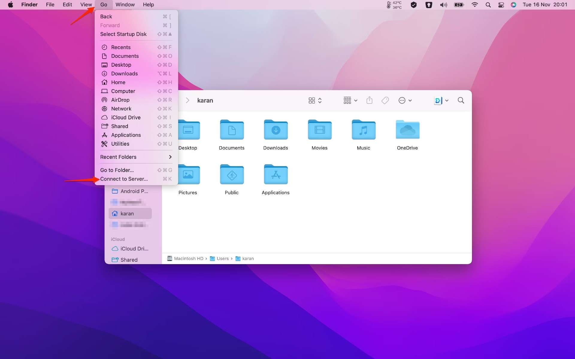 Trên Finder của máy Mac, nhấn vào Go trong thanh menu ở phía trên màn hình rồi chọn Connect to Server hoặc nhấn phím tắt Cmd + K