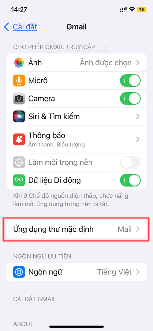 Nhấn Ứng dụng thư mặc định