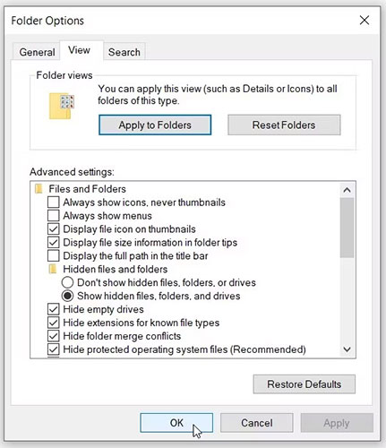 Tab “View” trên màn hình Windows Folder Options