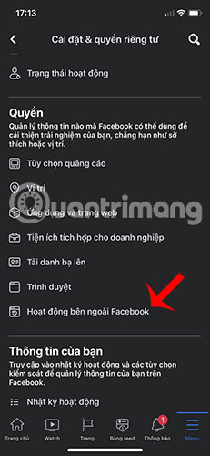 Nhấp vào Hoạt động bên ngoài Facebook