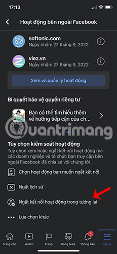 Chọn Ngắt kết nối hoạt động trong tương lai