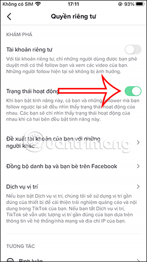Bật trạng thái hoạt động TikTok