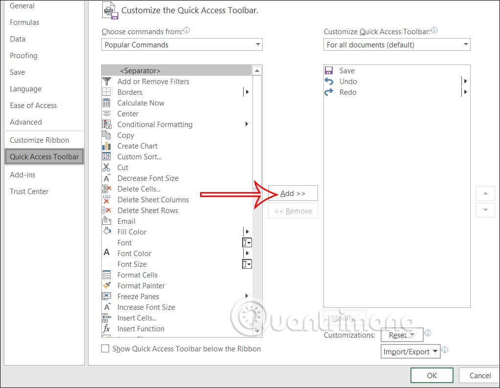 Chỉnh Quick Access Toolbar Excel