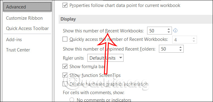 Chỉnh số lượng file Excel hiển thị gần đây