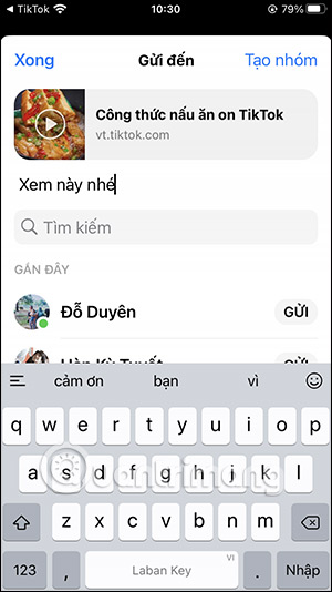 Nhập nội dung tin nhắn chia sẻ video TikTok