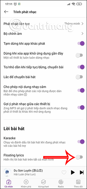 Bật hiện lời nhạc trên Zing MP3